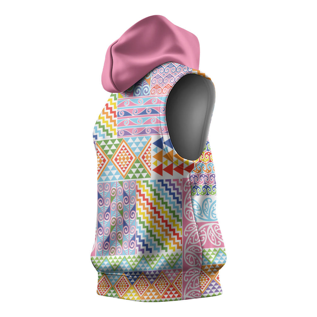 Aotearoa Kowhaiwhai Taniko Patchwork Rainbow Motifs Sleeveless Hoodie