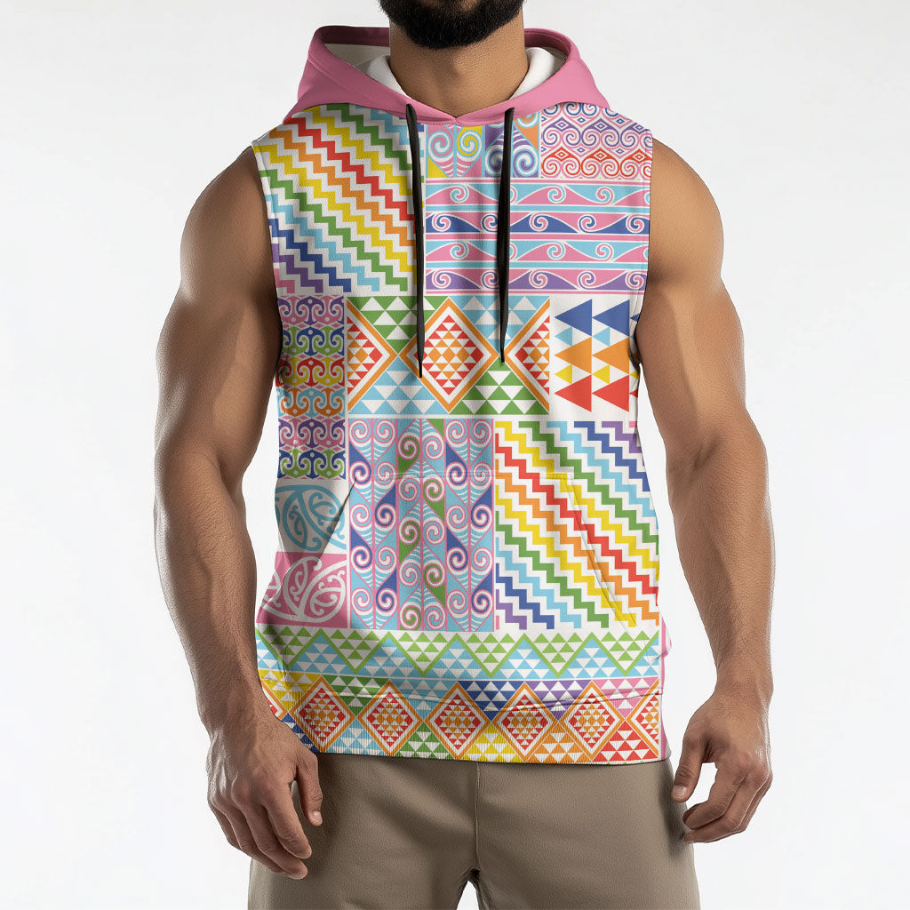 Aotearoa Kowhaiwhai Taniko Patchwork Rainbow Motifs Sleeveless Hoodie