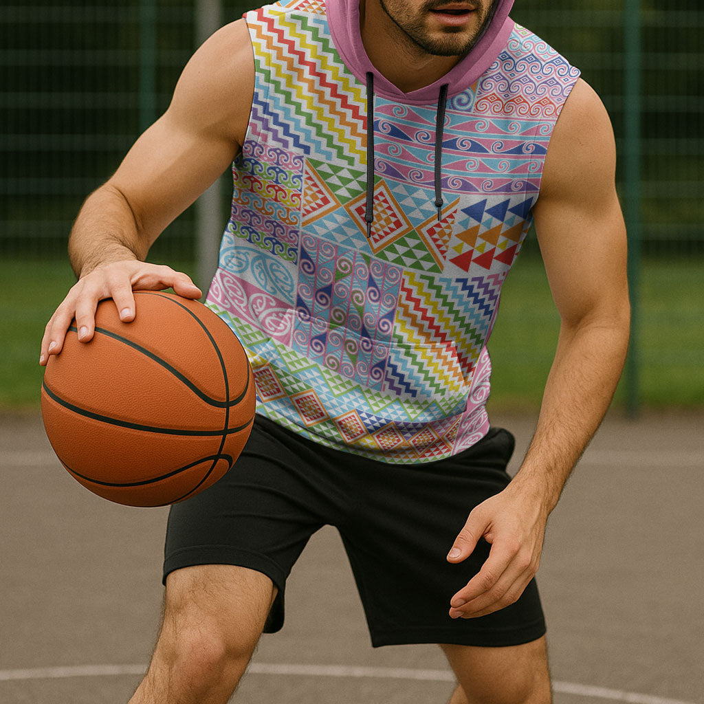 Aotearoa Kowhaiwhai Taniko Patchwork Rainbow Motifs Sleeveless Hoodie