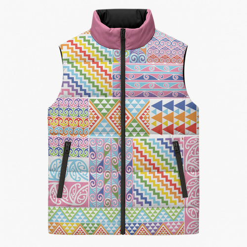 Aotearoa Kowhaiwhai Taniko Patchwork Rainbow Motifs Sleeveless Puffer Jacket