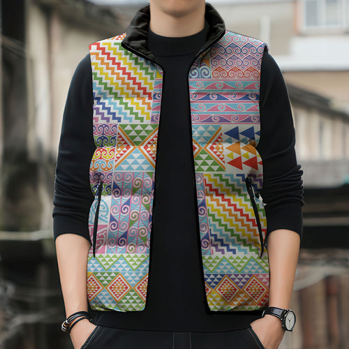 Aotearoa Kowhaiwhai Taniko Patchwork Rainbow Motifs Sleeveless Puffer Jacket