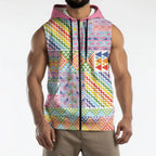 Aotearoa Kowhaiwhai Taniko Patchwork Rainbow Motifs Sleeveless Zip Hoodie