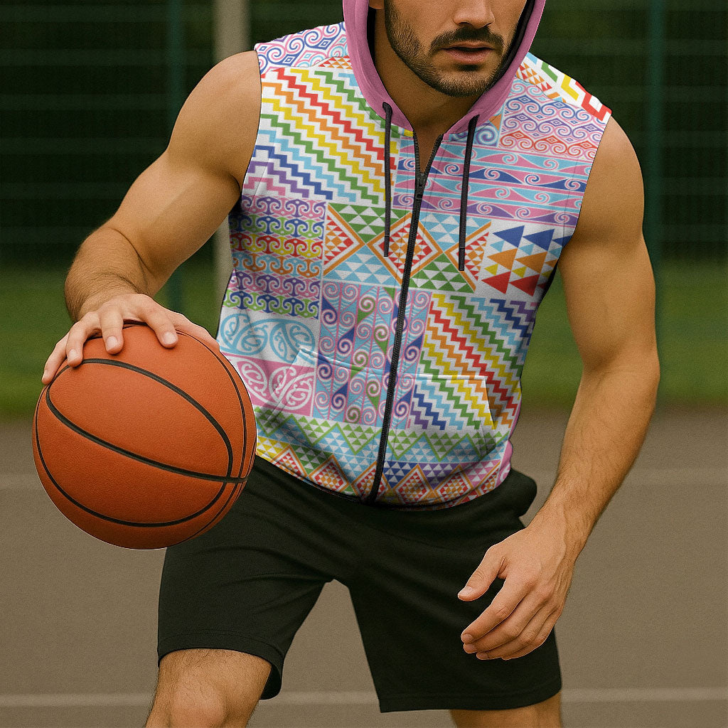 Aotearoa Kowhaiwhai Taniko Patchwork Rainbow Motifs Sleeveless Zip Hoodie