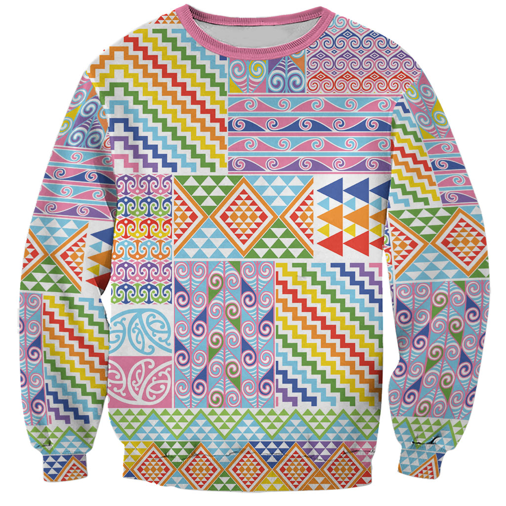 Aotearoa Kowhaiwhai Taniko Patchwork Rainbow Motifs Sweatshirt