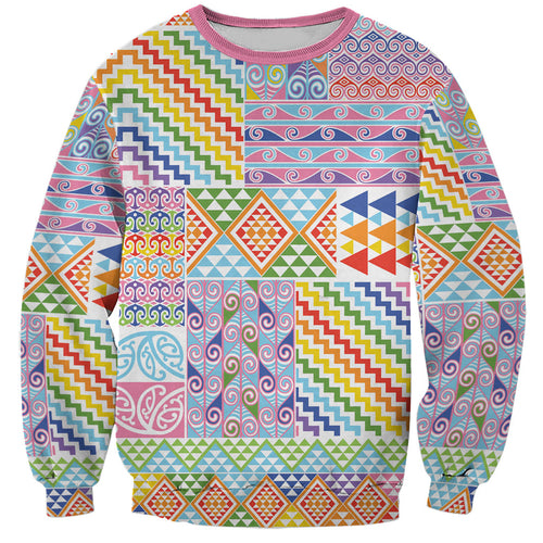Aotearoa Kowhaiwhai Taniko Patchwork Rainbow Motifs Sweatshirt
