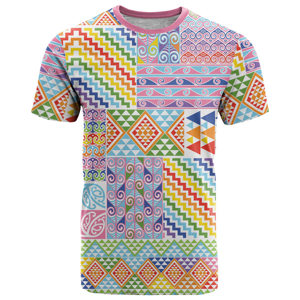 Aotearoa Kowhaiwhai Taniko Patchwork Rainbow Motifs T Shirt