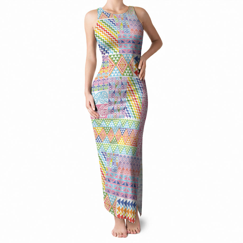 Aotearoa Kowhaiwhai Taniko Patchwork Rainbow Motifs Tank Maxi Dress