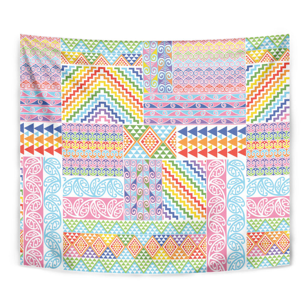 Aotearoa Kowhaiwhai Taniko Patchwork Rainbow Motifs Tapestry