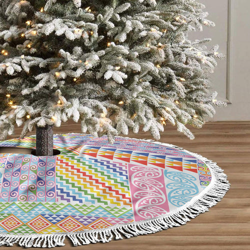 Aotearoa Kowhaiwhai Taniko Patchwork Rainbow Motifs Tree Skirt