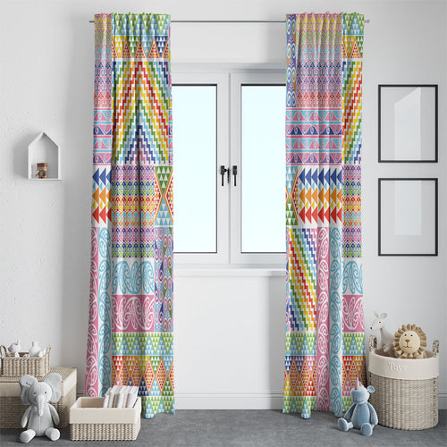 Aotearoa Kowhaiwhai Taniko Patchwork Rainbow Motifs Window Curtain