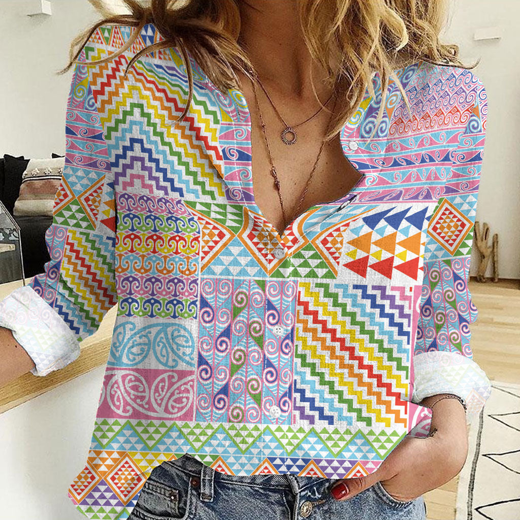 Aotearoa Kowhaiwhai Taniko Patchwork Rainbow Motifs Women Casual Shirt