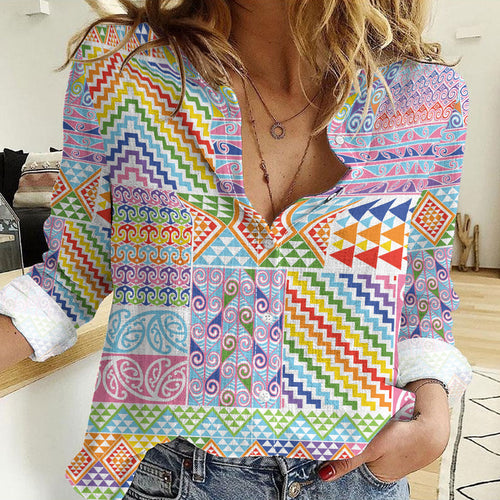 Aotearoa Kowhaiwhai Taniko Patchwork Rainbow Motifs Women Casual Shirt