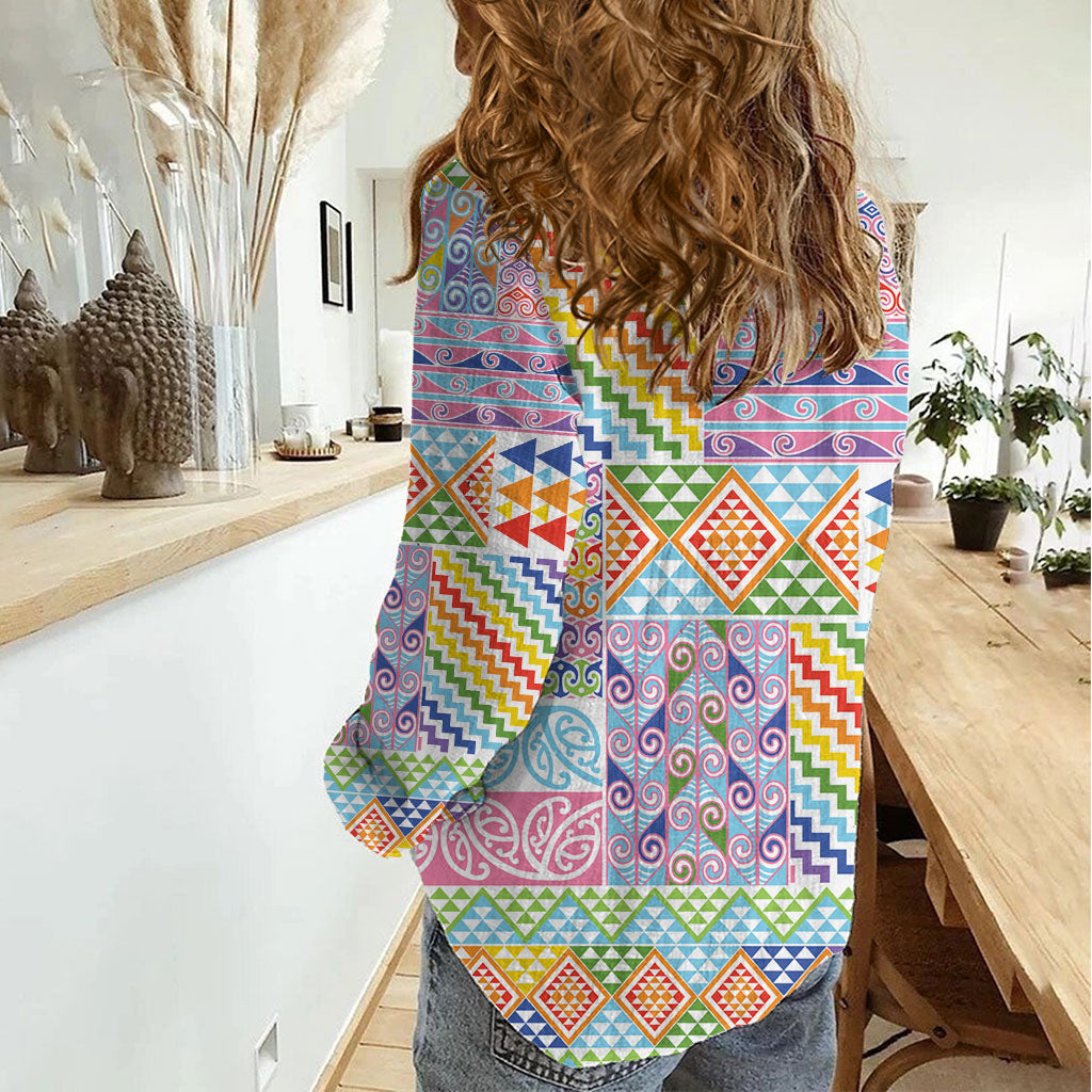 Aotearoa Kowhaiwhai Taniko Patchwork Rainbow Motifs Women Casual Shirt