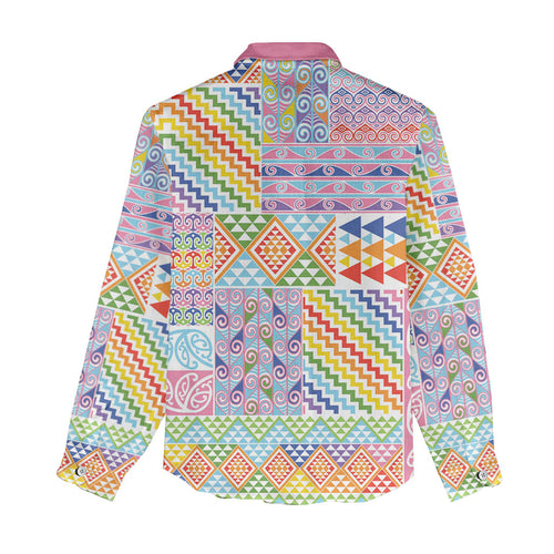 Aotearoa Kowhaiwhai Taniko Patchwork Rainbow Motifs Women Casual Shirt
