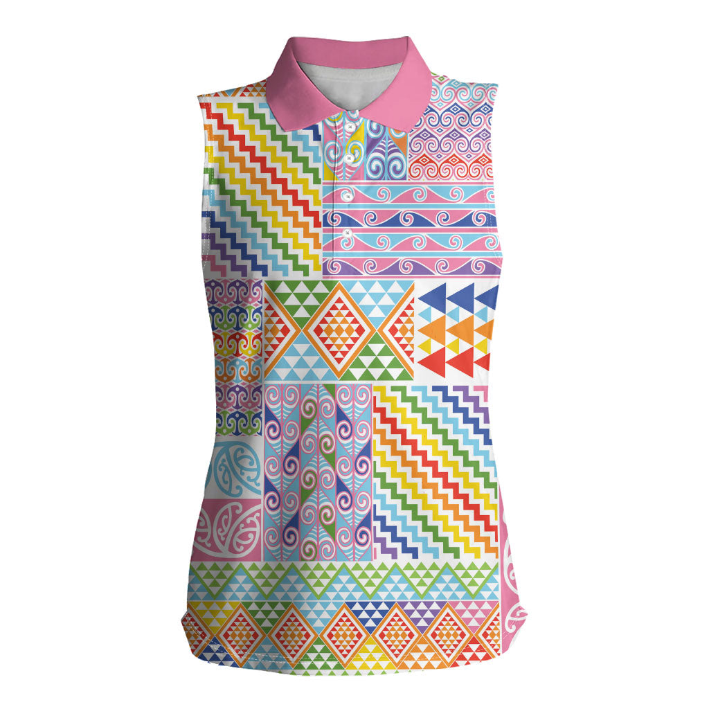 Aotearoa Kowhaiwhai Taniko Patchwork Rainbow Motifs Women Sleeveless Polo Shirt
