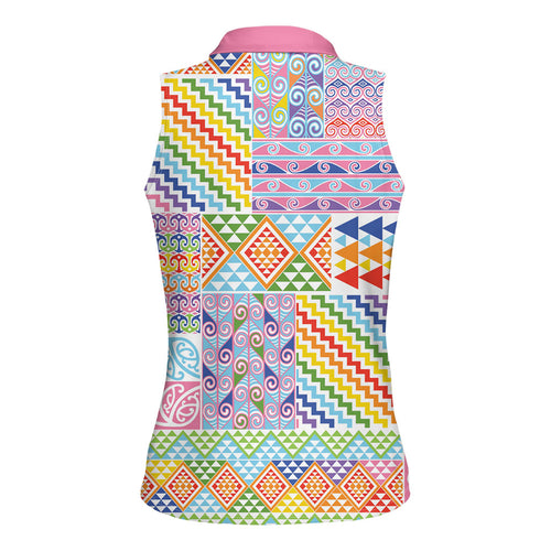 Aotearoa Kowhaiwhai Taniko Patchwork Rainbow Motifs Women Sleeveless Polo Shirt