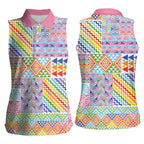 Aotearoa Kowhaiwhai Taniko Patchwork Rainbow Motifs Women Sleeveless Polo Shirt