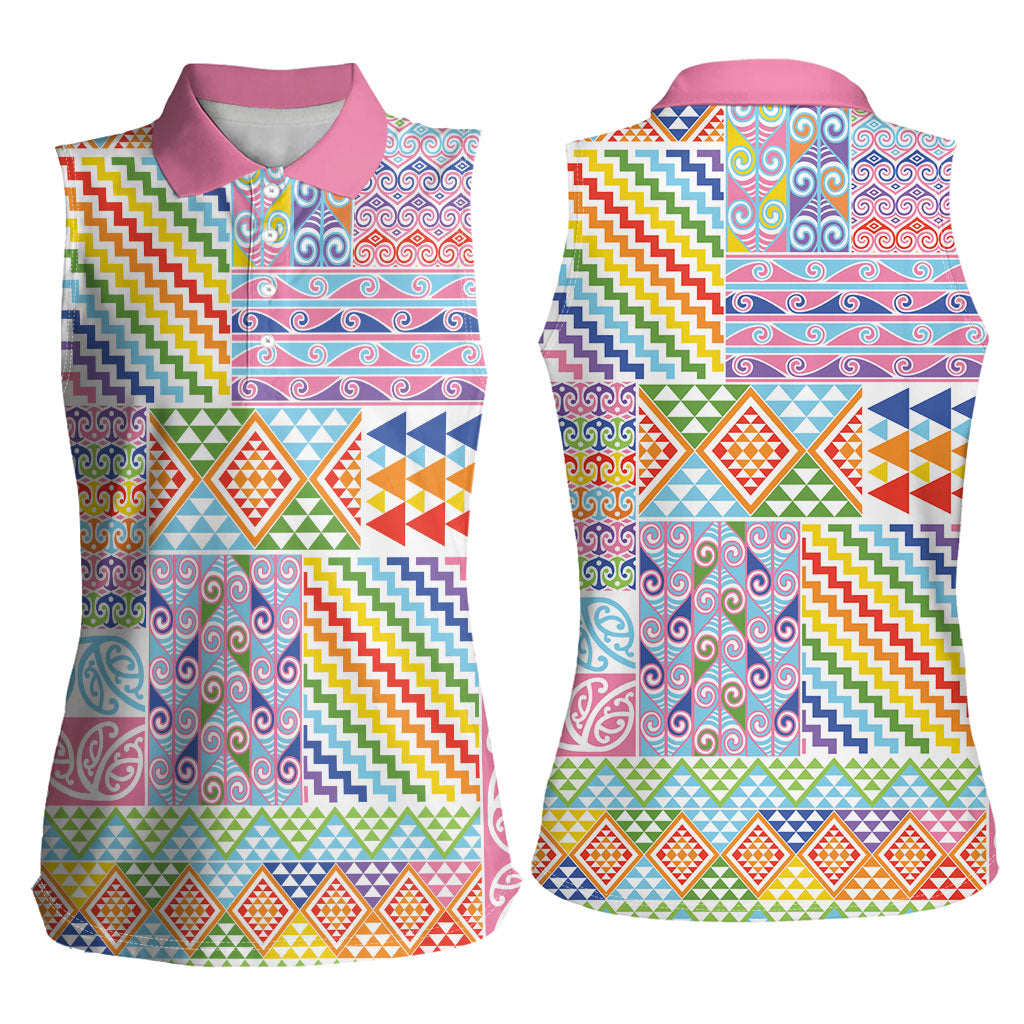 Aotearoa Kowhaiwhai Taniko Patchwork Rainbow Motifs Women Sleeveless Polo Shirt