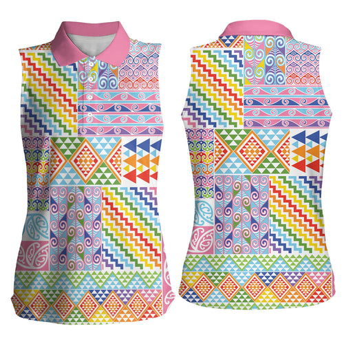 Aotearoa Kowhaiwhai Taniko Patchwork Rainbow Motifs Women Sleeveless Polo Shirt