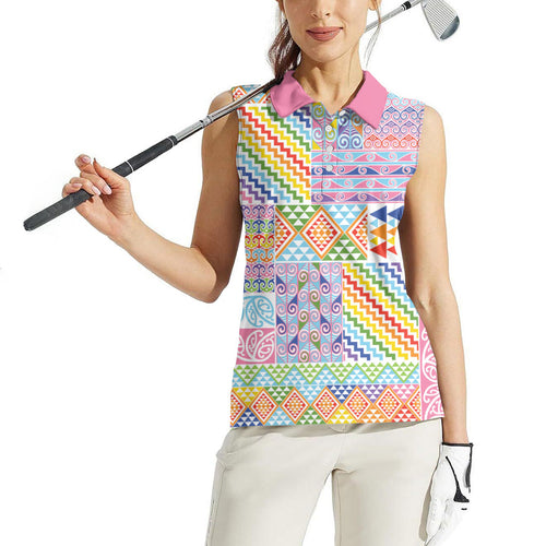 Aotearoa Kowhaiwhai Taniko Patchwork Rainbow Motifs Women Sleeveless Polo Shirt