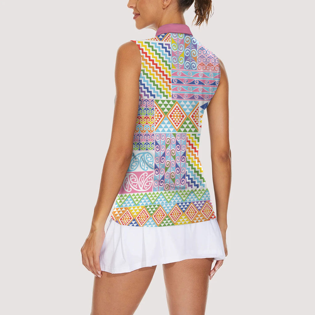 Aotearoa Kowhaiwhai Taniko Patchwork Rainbow Motifs Women Sleeveless Polo Shirt