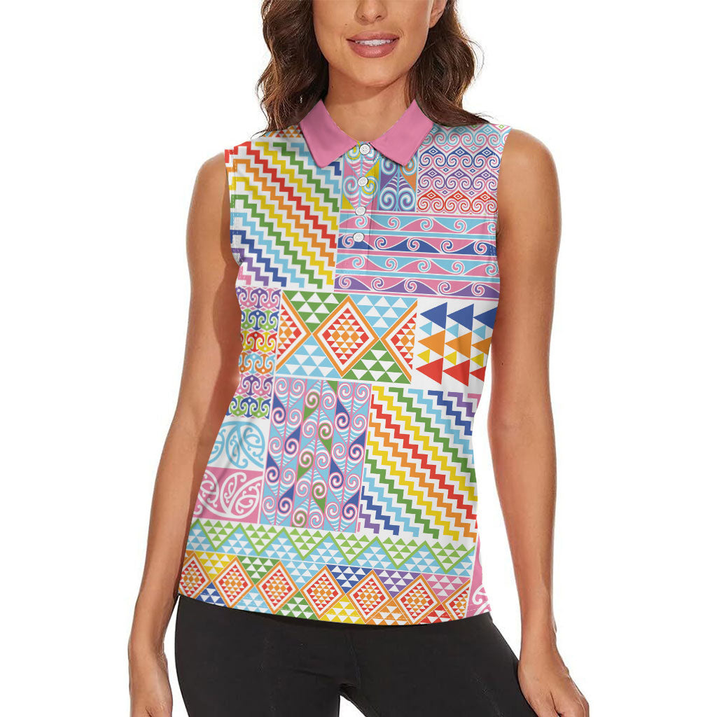 Aotearoa Kowhaiwhai Taniko Patchwork Rainbow Motifs Women Sleeveless Polo Shirt
