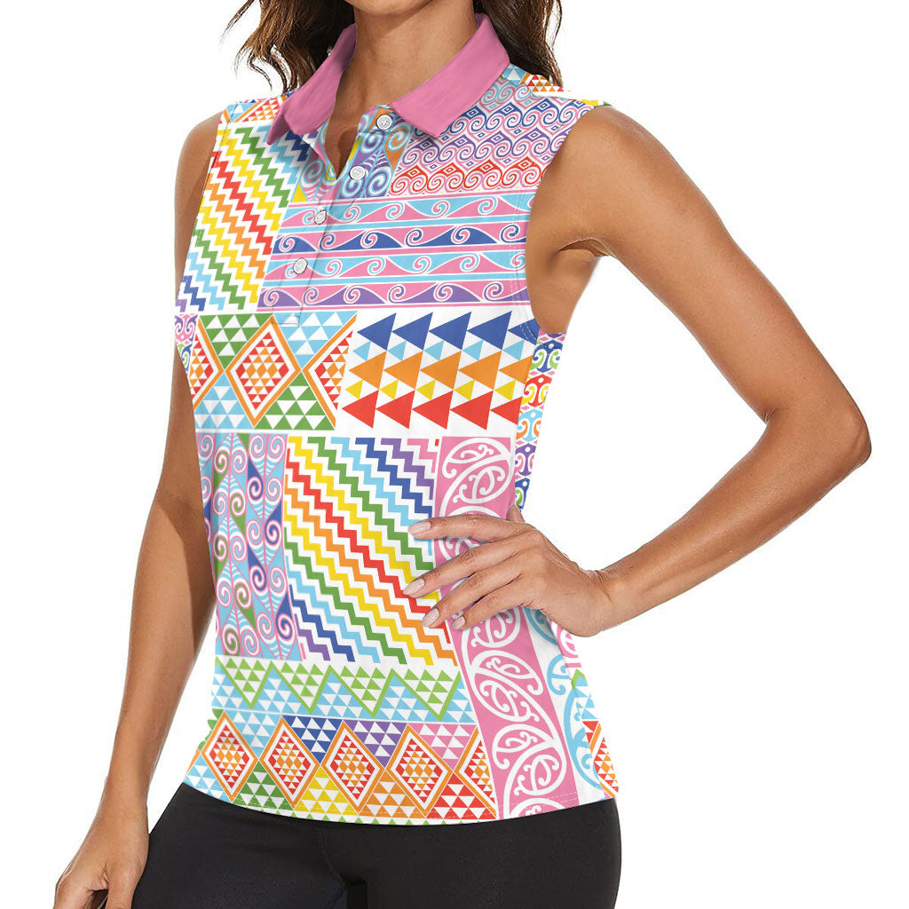 Aotearoa Kowhaiwhai Taniko Patchwork Rainbow Motifs Women Sleeveless Polo Shirt