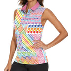 Aotearoa Kowhaiwhai Taniko Patchwork Rainbow Motifs Women Sleeveless Polo Shirt