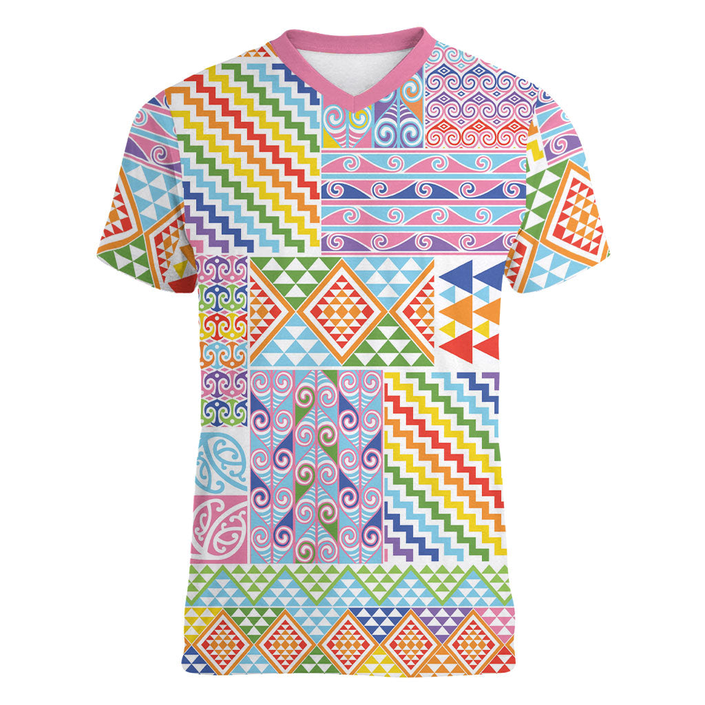 Aotearoa Kowhaiwhai Taniko Patchwork Rainbow Motifs Women V-Neck T-Shirt