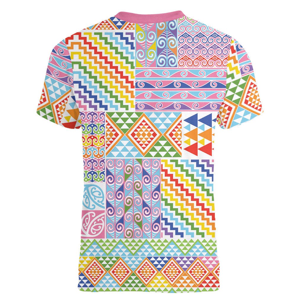 Aotearoa Kowhaiwhai Taniko Patchwork Rainbow Motifs Women V-Neck T-Shirt