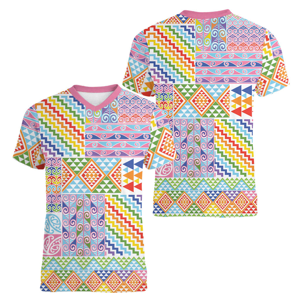 Aotearoa Kowhaiwhai Taniko Patchwork Rainbow Motifs Women V-Neck T-Shirt