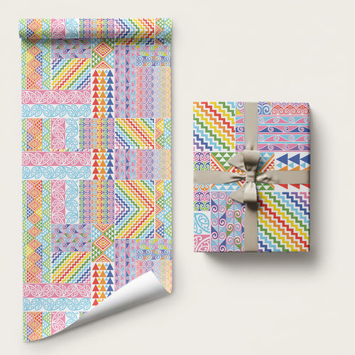 Aotearoa Kowhaiwhai Taniko Patchwork Rainbow Motifs Wrapping Paper