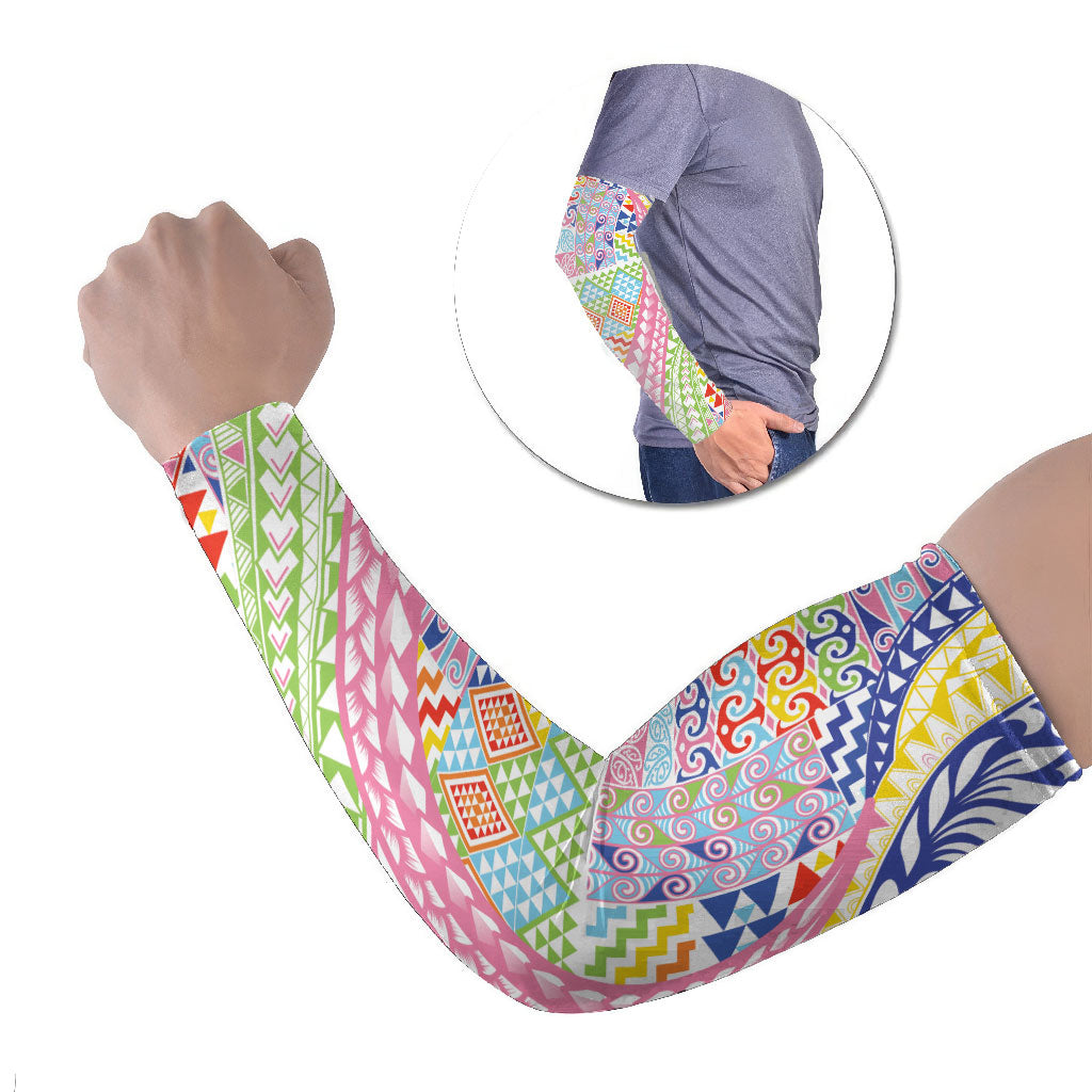 Maori Kowhaiwhai Taniko Patchwork Rainbow Motifs Arm Sleeves
