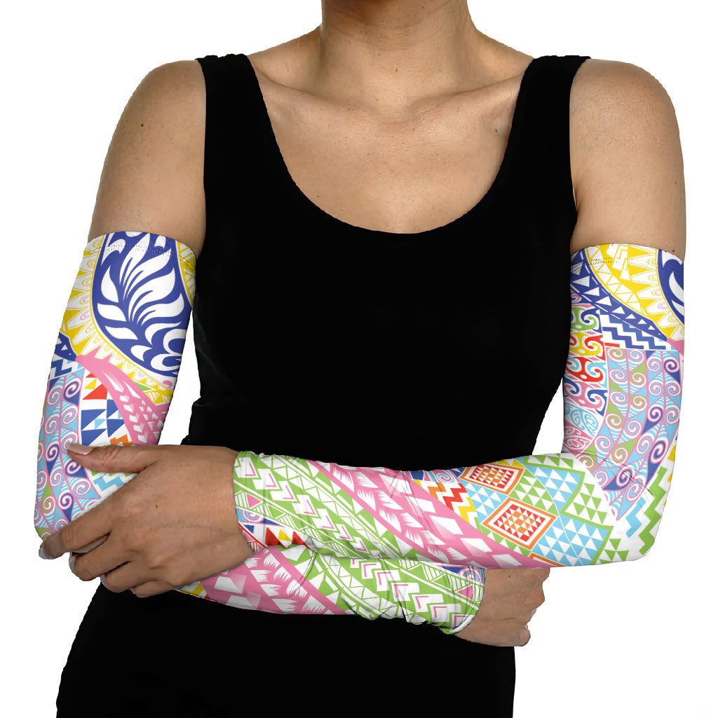 Maori Kowhaiwhai Taniko Patchwork Rainbow Motifs Arm Sleeves