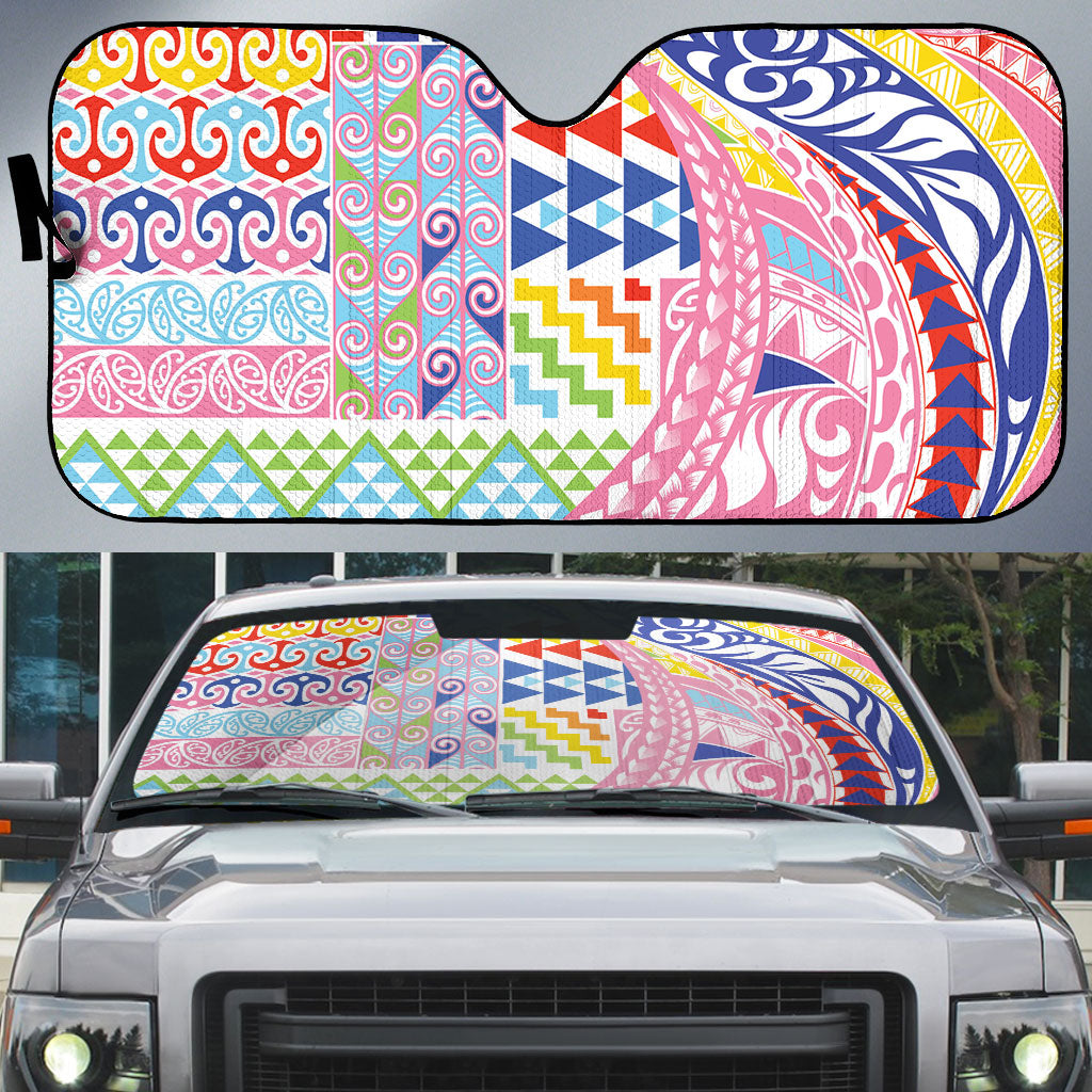 Maori Kowhaiwhai Taniko Patchwork Rainbow Motifs Auto Sun Shade