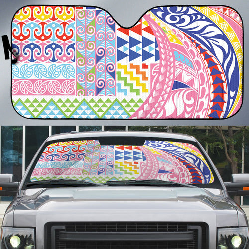 Maori Kowhaiwhai Taniko Patchwork Rainbow Motifs Auto Sun Shade