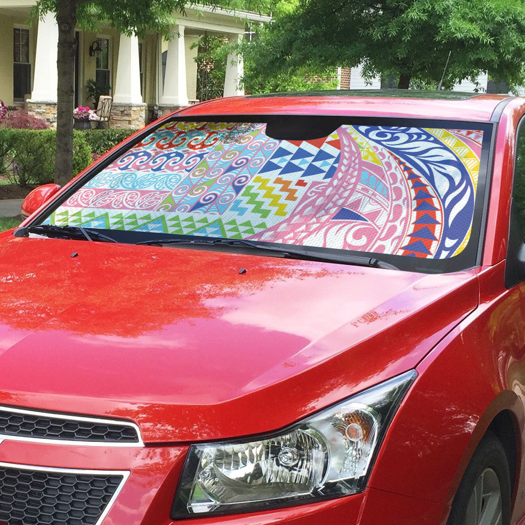 Maori Kowhaiwhai Taniko Patchwork Rainbow Motifs Auto Sun Shade