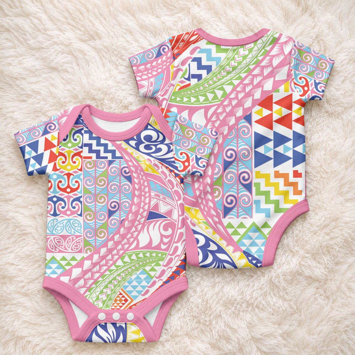 Maori Kowhaiwhai Taniko Patchwork Rainbow Motifs Baby Onesie
