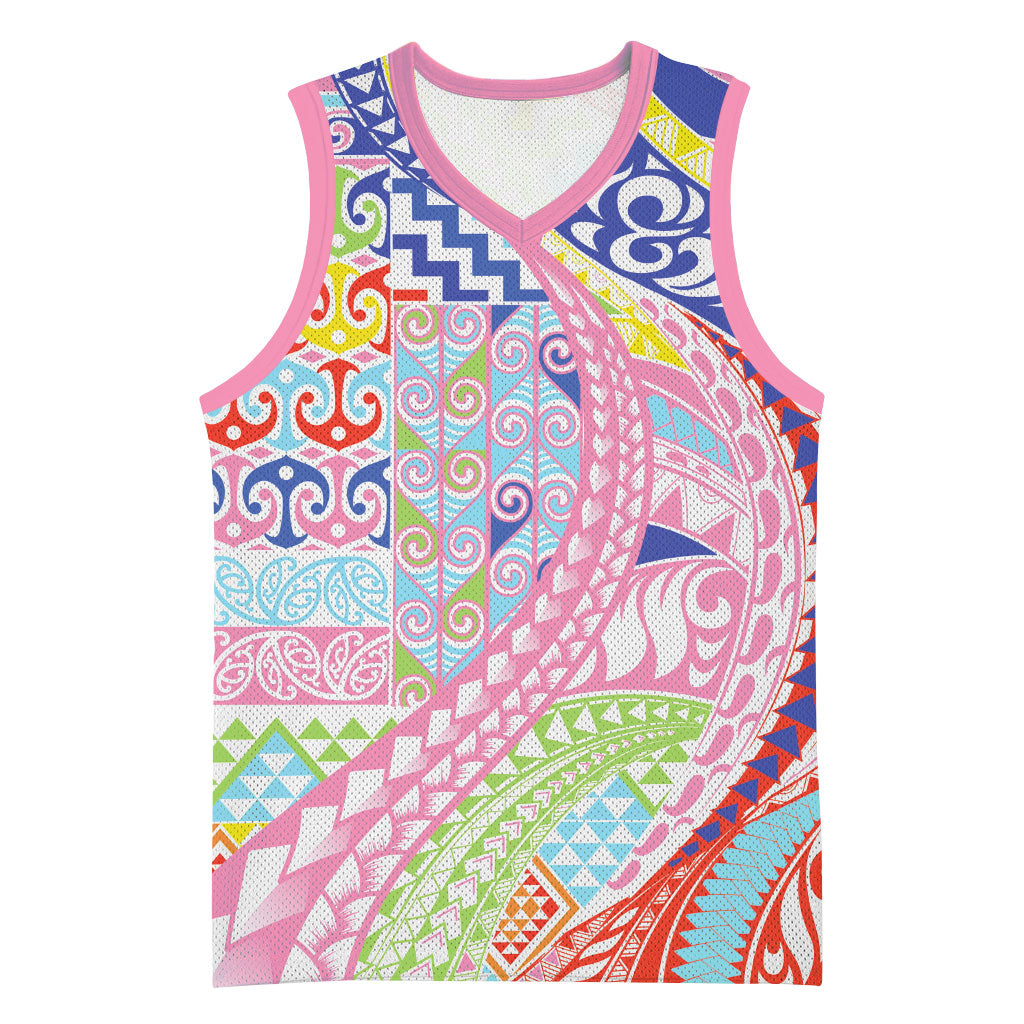 Maori Kowhaiwhai Taniko Patchwork Rainbow Motifs Basketball Jersey