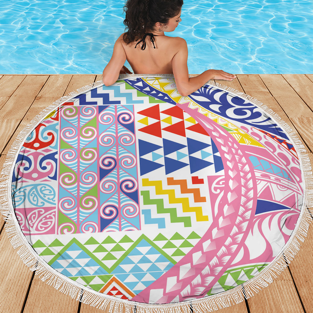 Maori Kowhaiwhai Taniko Patchwork Rainbow Motifs Beach Blanket