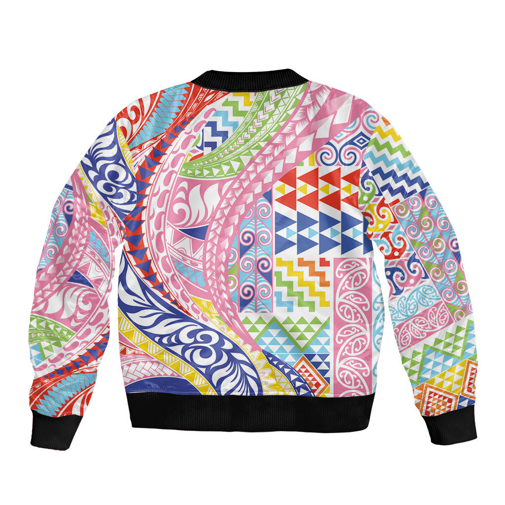 Maori Kowhaiwhai Taniko Patchwork Rainbow Motifs Bomber Jacket