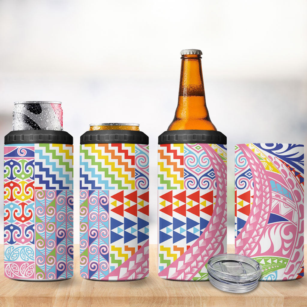 Maori Kowhaiwhai Taniko Patchwork Rainbow Motifs 4 in 1 Can Cooler Tumbler