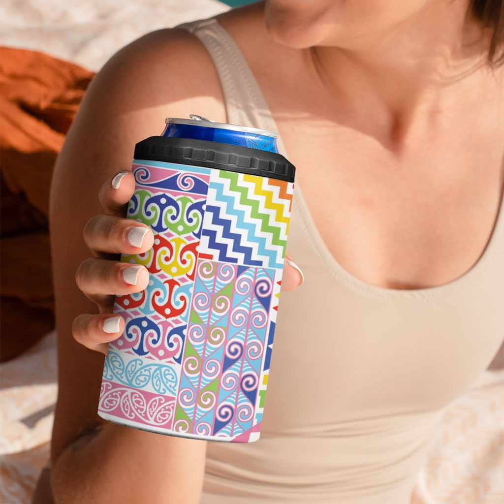 Maori Kowhaiwhai Taniko Patchwork Rainbow Motifs 4 in 1 Can Cooler Tumbler