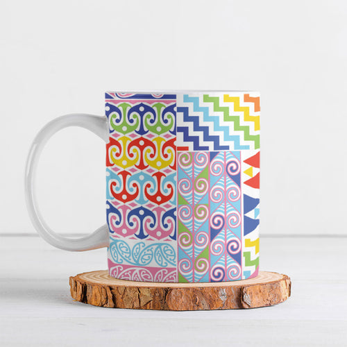 Maori Kowhaiwhai Taniko Patchwork Rainbow Motifs Ceramic Mug
