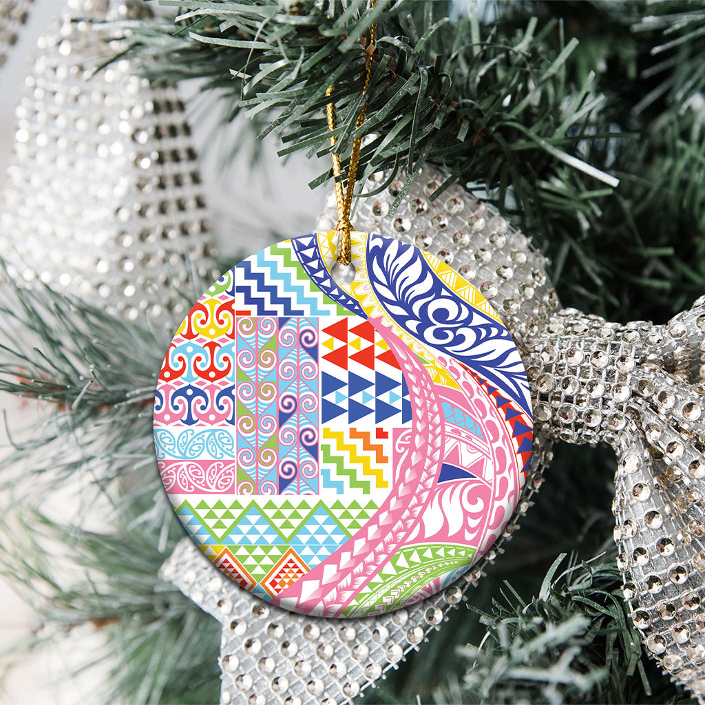 Maori Kowhaiwhai Taniko Patchwork Rainbow Motifs Ceramic Ornament