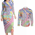 Maori Kowhaiwhai Taniko Patchwork Rainbow Motifs Couples Matching Long Sleeve Bodycon Dress and Long Sleeve Button Shirt