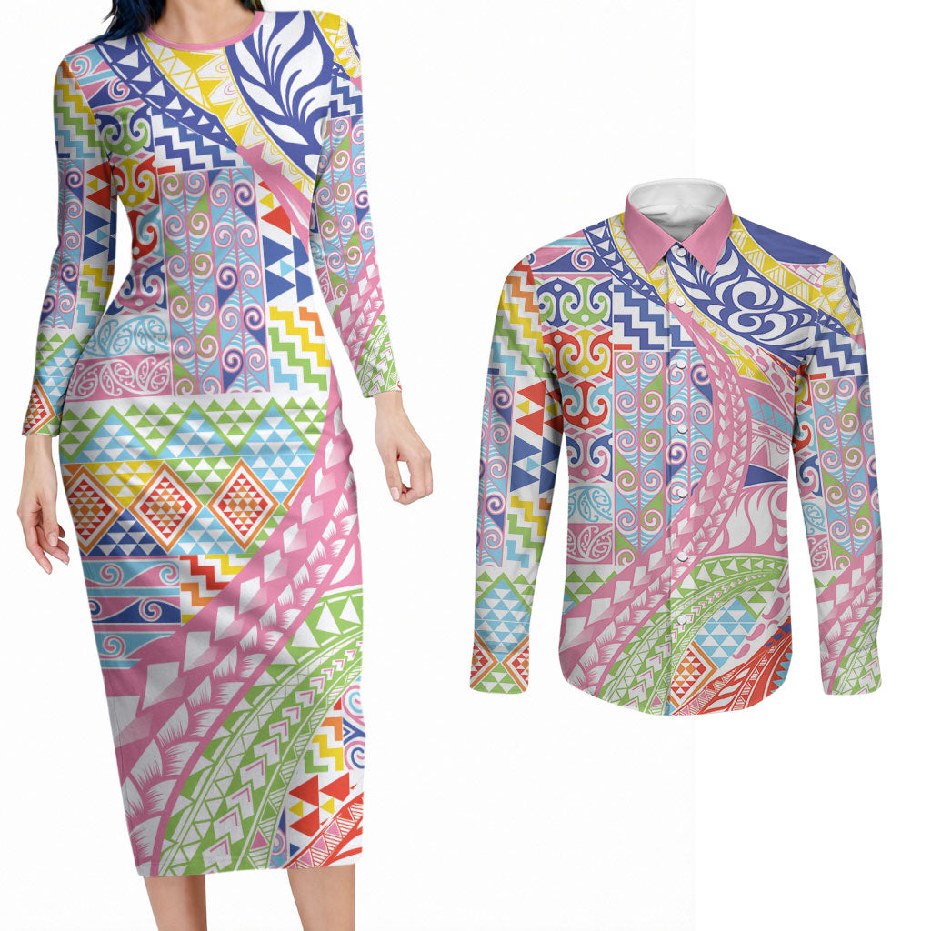 Maori Kowhaiwhai Taniko Patchwork Rainbow Motifs Couples Matching Long Sleeve Bodycon Dress and Long Sleeve Button Shirt