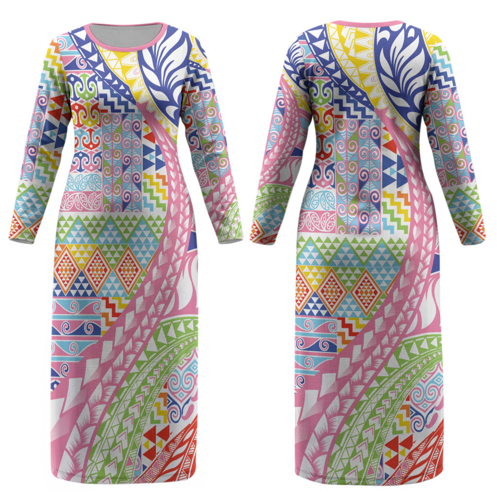 Maori Kowhaiwhai Taniko Patchwork Rainbow Motifs Couples Matching Long Sleeve Bodycon Dress and Long Sleeve Button Shirt