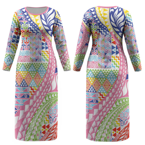 Maori Kowhaiwhai Taniko Patchwork Rainbow Motifs Couples Matching Long Sleeve Bodycon Dress and Long Sleeve Button Shirt