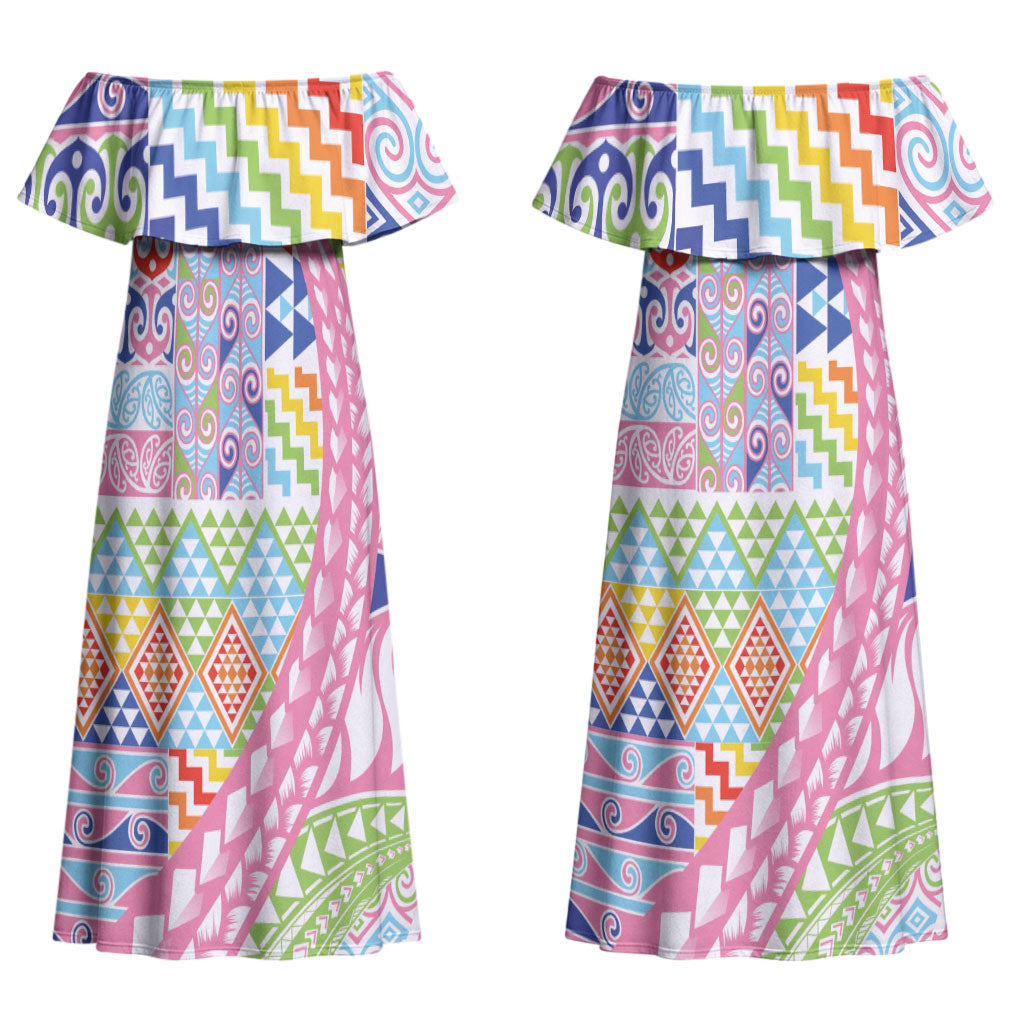 Maori Kowhaiwhai Taniko Patchwork Rainbow Motifs Couples Matching Off Shoulder Maxi Dress and Hawaiian Shirt